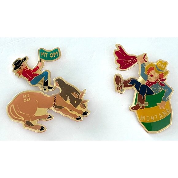 Vintage Odyssey of the Mind Montana Rodeo Clown Bull 3 Pin Lot Set - Picture 1 of 3